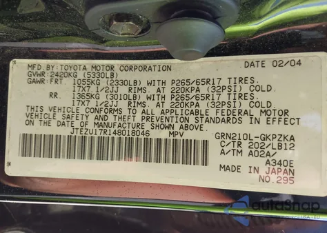 2004 Toyota 4Runner Limited V6 из США, поврежденный, VIN JTEZU17R148018046